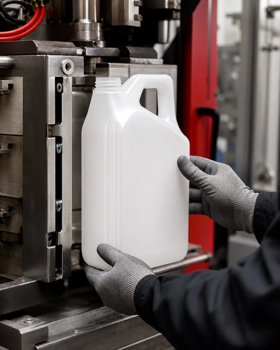 Contrôle visuel d’un bidon PEHD à la sortie d’un équipement d’extrusion-soufflage